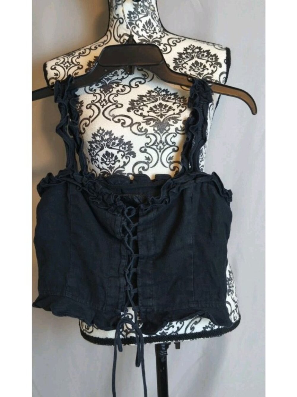 Reformation Bayley Black Linen Lace-Up Corset Crop Top Ruffle Strap SZ S